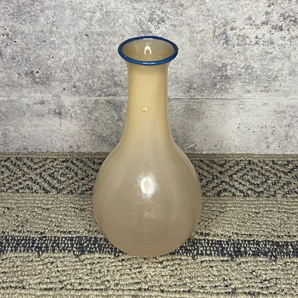 Hand Blown Art Glass Studio Paran Pinkish Tan glass Vase With Blue Accent Top